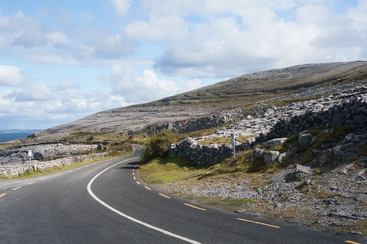 The R477 Burren coast road in County Clare, on the drive from Dublin to Cliffs of Moher, Ireland