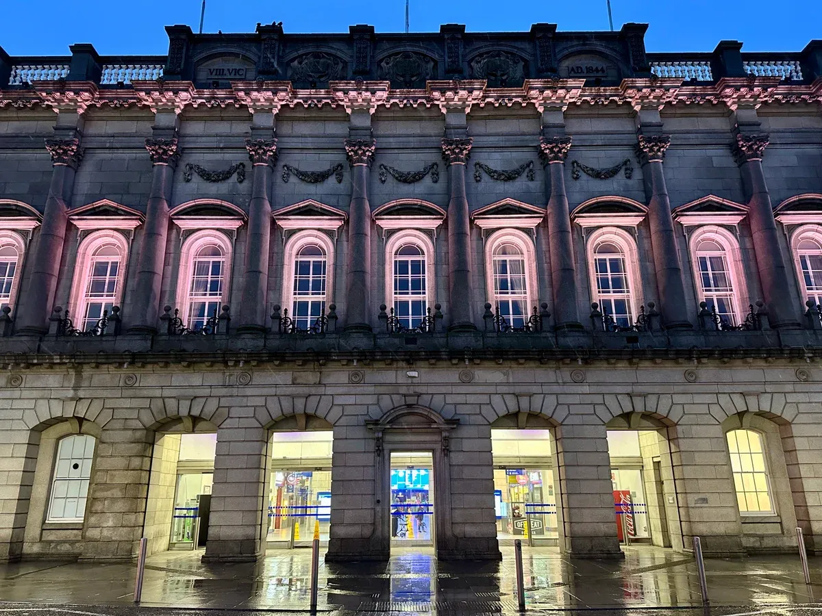 Dublin Heuston station lit at night, where the train from Dublin to Cliffs of Moher country starts, Ireland